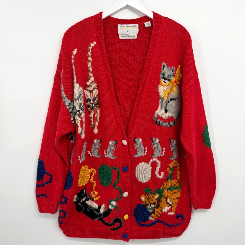 Vintage Cat Lovers Cardigan Sweater 1X Hand Knit Cotton Novelty Kitten Button